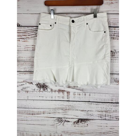 Principle Denim Mini Skirt 30 Womens White Raw Hem Boho Pockets Festival Bottom - Picture 1 of 6